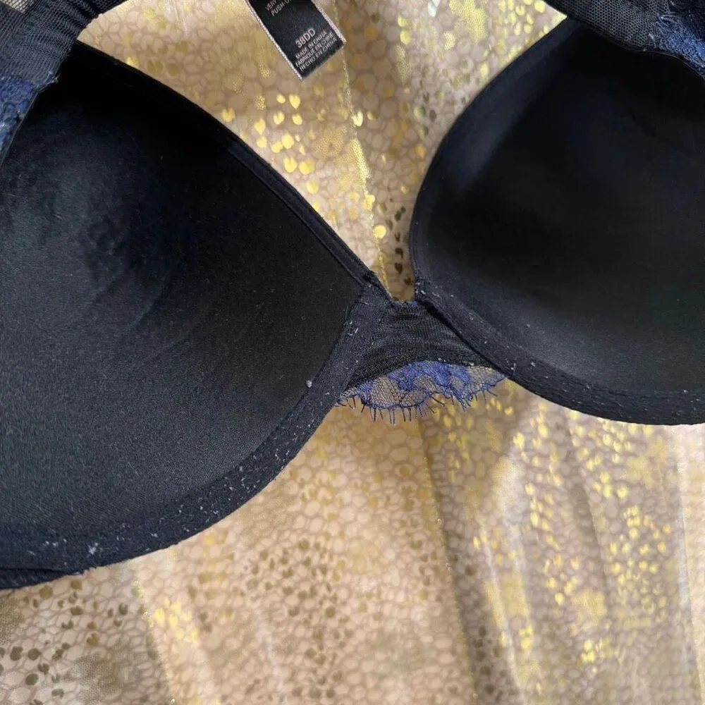 Victorias Secret Very Sexy Pushup Navy Blue Black Lace Rhinestone Bra 38DD
